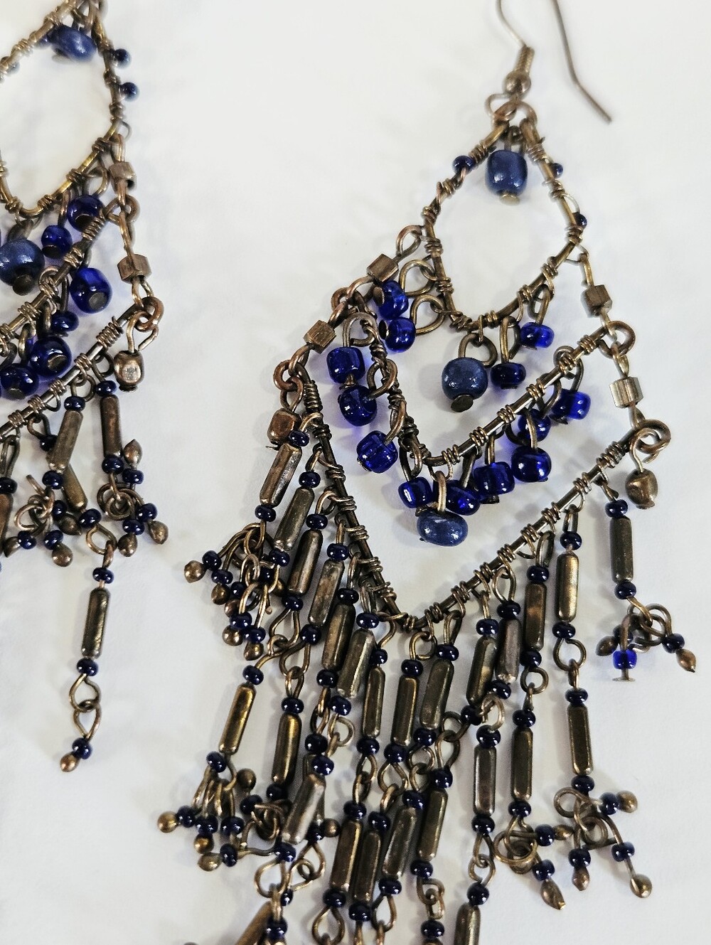 Vintage Free People Y2K Beaded Boho Bronze Dangle Fringe Chandelier Earrings - Picture 5 of 8